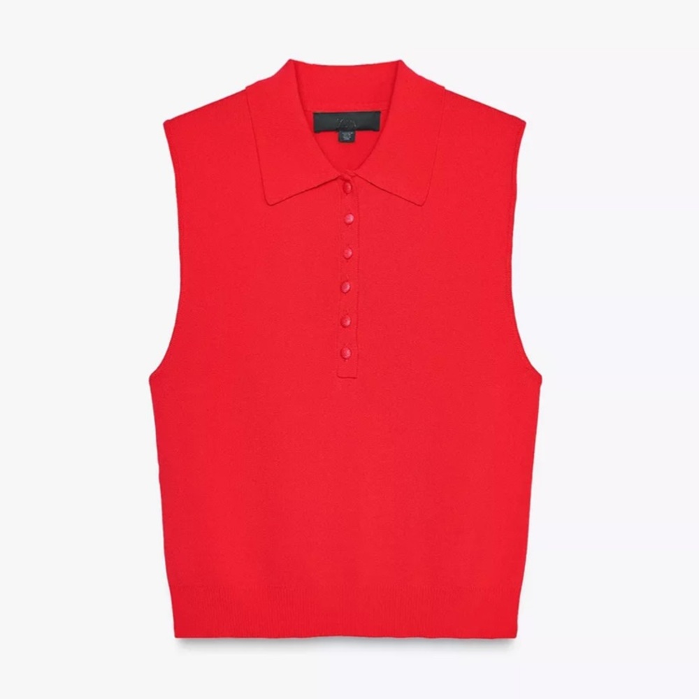 Red Sleeveless Polo side strip knit Top